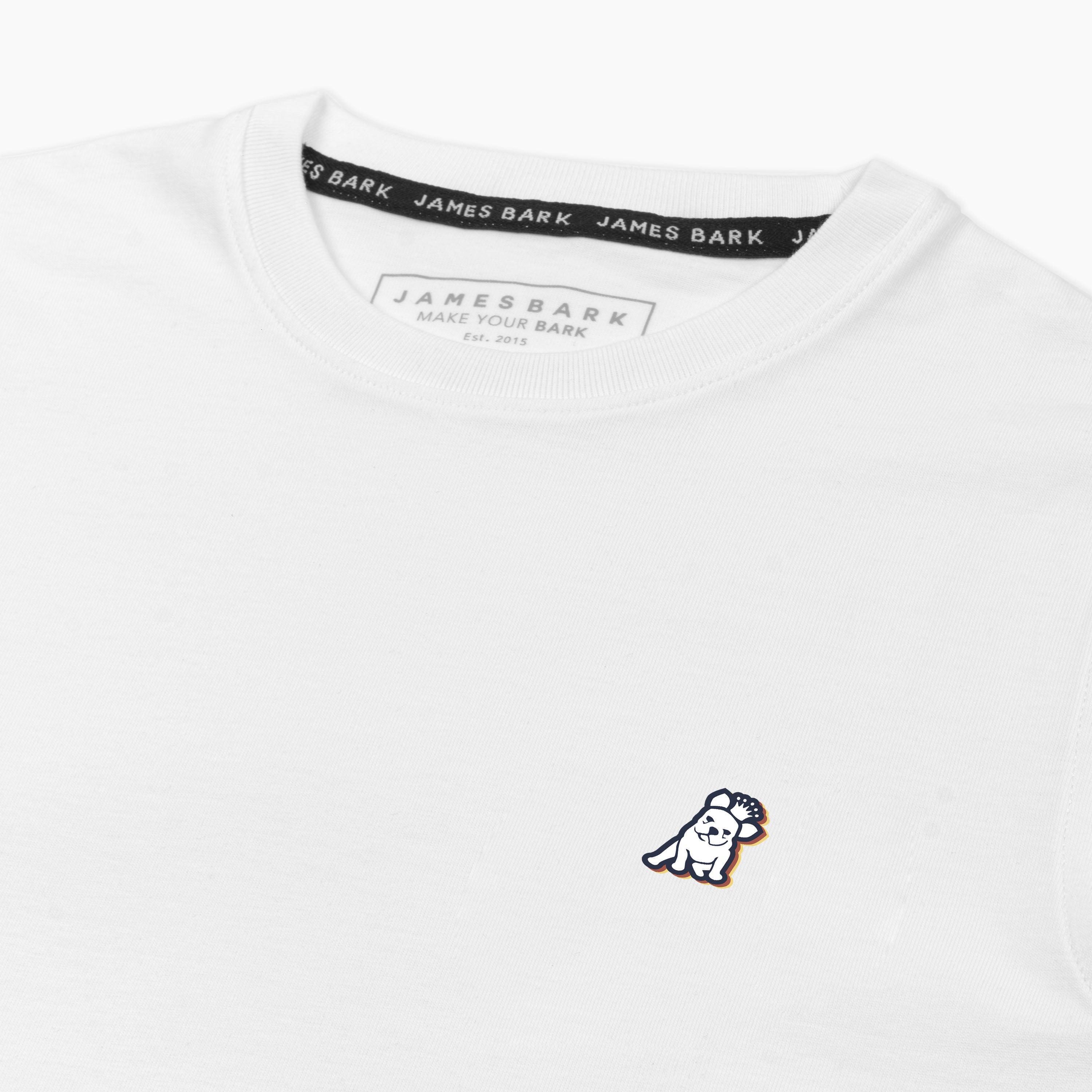 Close-up of the t-shirt’s collar area with branding details on the inside.