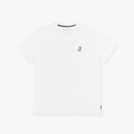 White t-shirt laid flat with only a small logo on the left chest