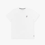 White t-shirt laid flat with only a small logo on the left chest