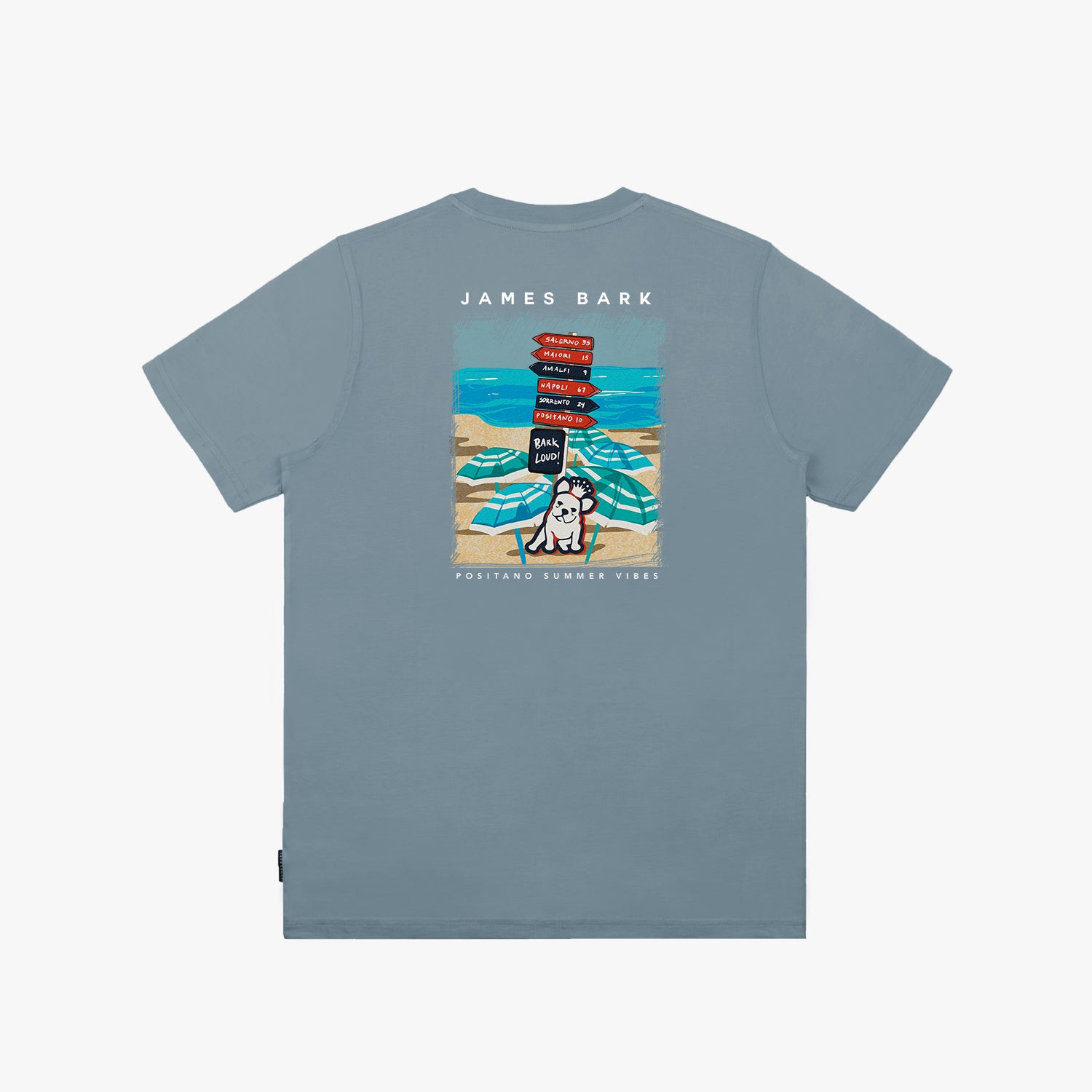 Back view of a gray t-shirt featuring a colorful beach scene illustration. The design includes a dog holding a sign that says 'Bark Loud!' with umbrellas and a beach backdrop. The text 'James Bark' is printed above the design, along with 'Positano Summer Vibes' below the illustration.