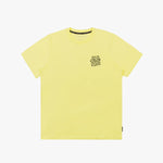 Yellow t-shirt laid flat with a small black graphic on the left chest.