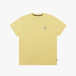 A flat lay of the yellow T-shirt, displaying the small embroidered dog logo on the chest.