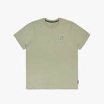 A flat lay of the light green T-shirt, displaying the small embroidered dog logo on the chest.