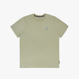 A flat lay of the light green T-shirt, displaying the small embroidered dog logo on the chest.