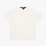 A plain white T-shirt displayed flat with a subtle embossed 'James Bark Elements' logo on the chest and a black inner label reading 'James Bark Elements.' The T-shirt is showcased on a plain white background." Let me know if adjustments are needed