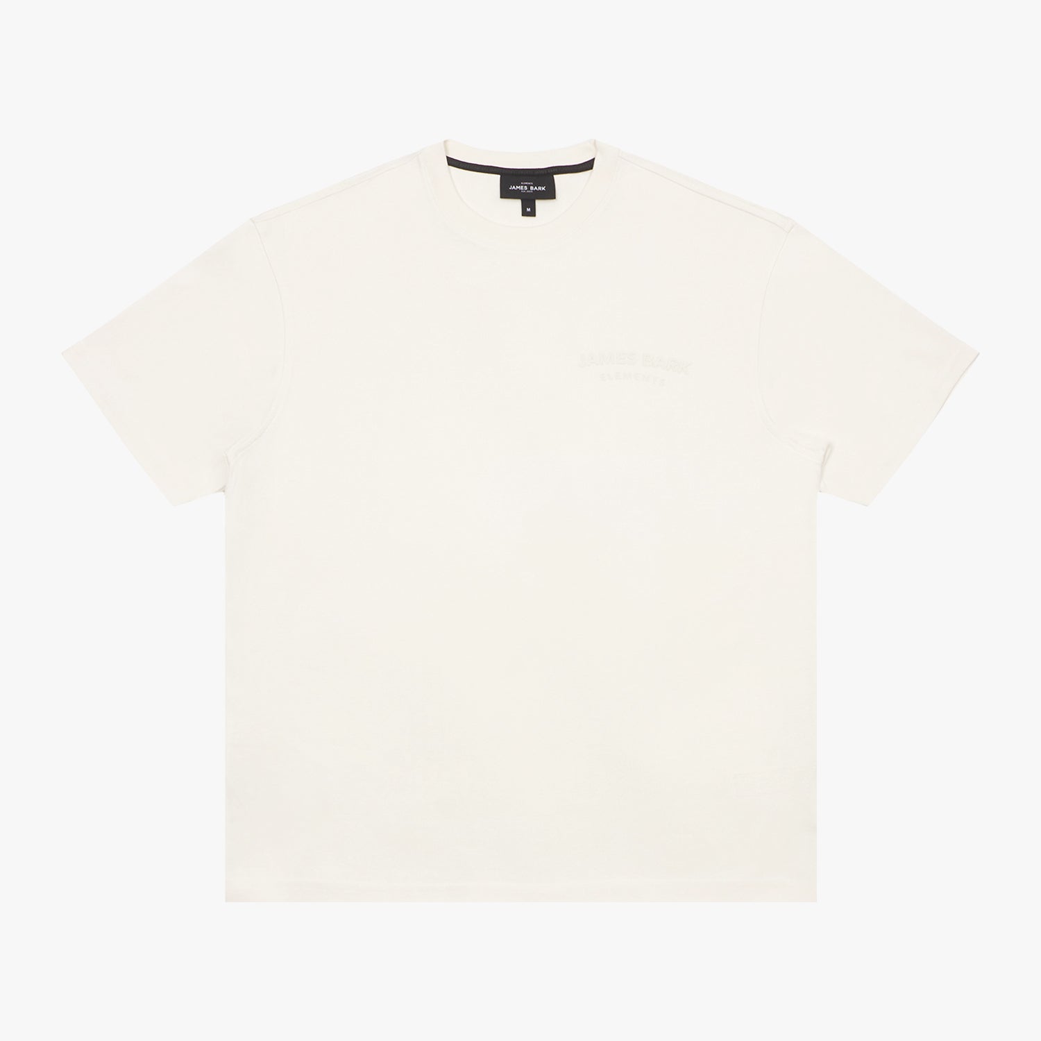 A plain white T-shirt displayed flat with a subtle embossed 'James Bark Elements' logo on the chest and a black inner label reading 'James Bark Elements.' The T-shirt is showcased on a plain white background." Let me know if adjustments are needed