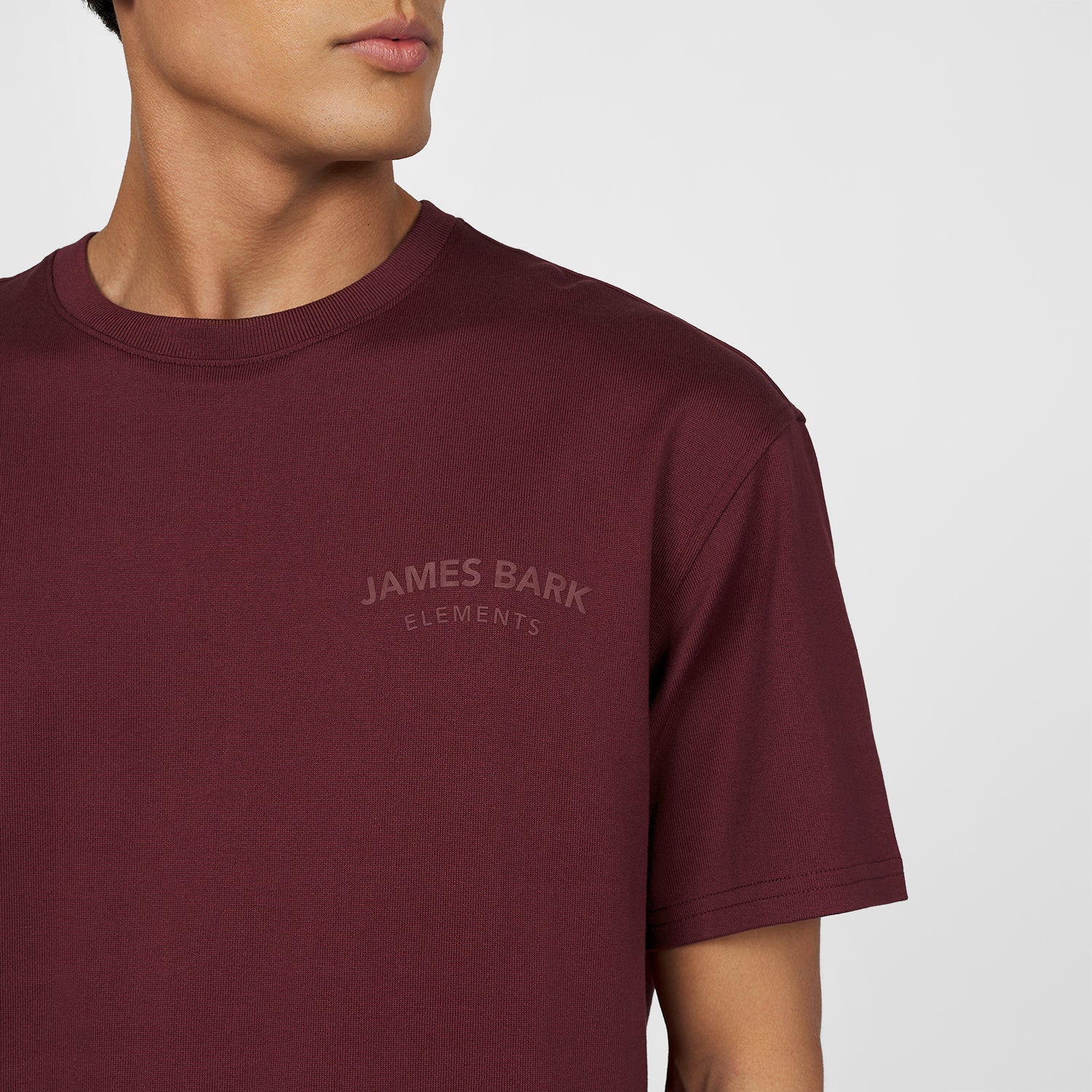 Close-up of a male model wearing an oversized burgundy t-shirt. Features an embossed 'JAMES BARK ELEMENTS' logo on the chest, a ribbed crew neckline, and a minimalist design. White background.