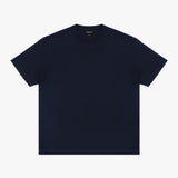 The navy blue t-shirt laid flat, showing the front view.