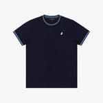 Flat lay of the navy blue T-shirt with light blue trim, showing the small dog graphic on the chest.