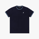 Flat lay of the navy blue T-shirt with light blue trim, showing the small dog graphic on the chest.