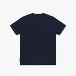 Back of the navy blue t-shirt laid flat, showing no graphics.