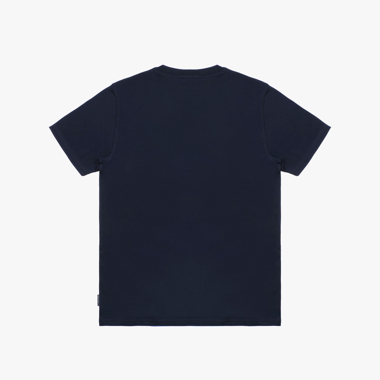 Back of the navy blue t-shirt laid flat, showing no graphics.