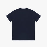 Back of the navy blue t-shirt laid flat, showing no graphics.