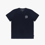 Navy blue t-shirt laid flat with a small white graphic on the left chest