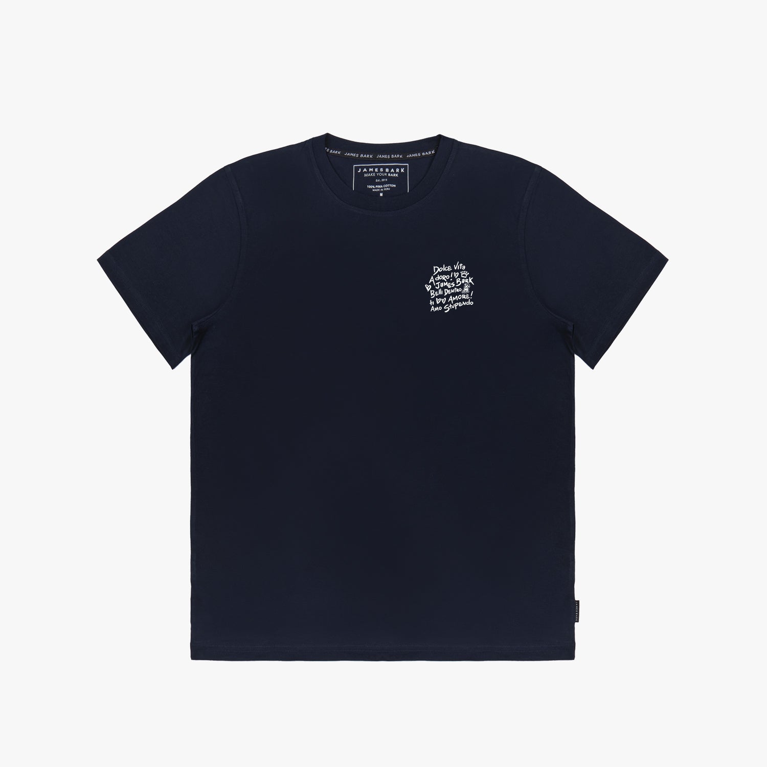 Navy blue t-shirt laid flat with a small white graphic on the left chest