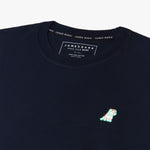 A navy blue T-shirt laid flat against a white background, showing the small embroidered logo on the chest.