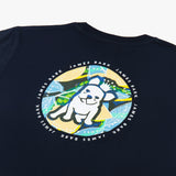 Close-up of the large circular graphic on the back of the navy blue t-shirt, featuring a colorful design of a dog with mountains and a sun in the background.