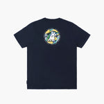 Navy blue t-shirt laid flat showing the large circular graphic on the back with a colorful design of a dog with mountains and a sun.