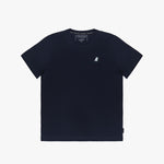 Navy blue t-shirt laid flat with only a small logo on the left chest