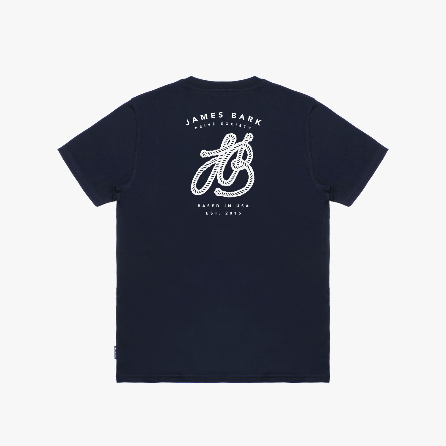 Navy blue t-shirt laid flat showing the large graphic on the back with the text 'James Bark,' a stylized 'JB' logo, and 'Since 2015.'