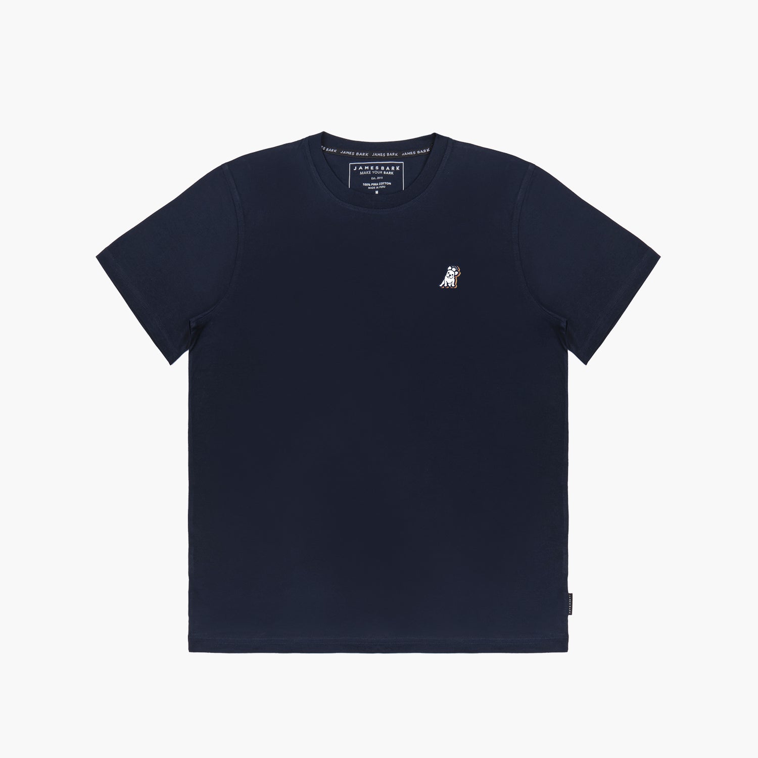 Navy blue t-shirt laid flat with only a small logo on the left chest.