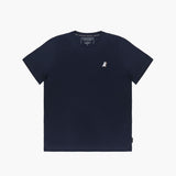 Navy blue t-shirt laid flat with only a small logo on the left chest.