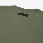 The olive green t-shirt laid flat, showing the back view