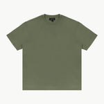  The olive green t-shirt laid flat, showing the front view.