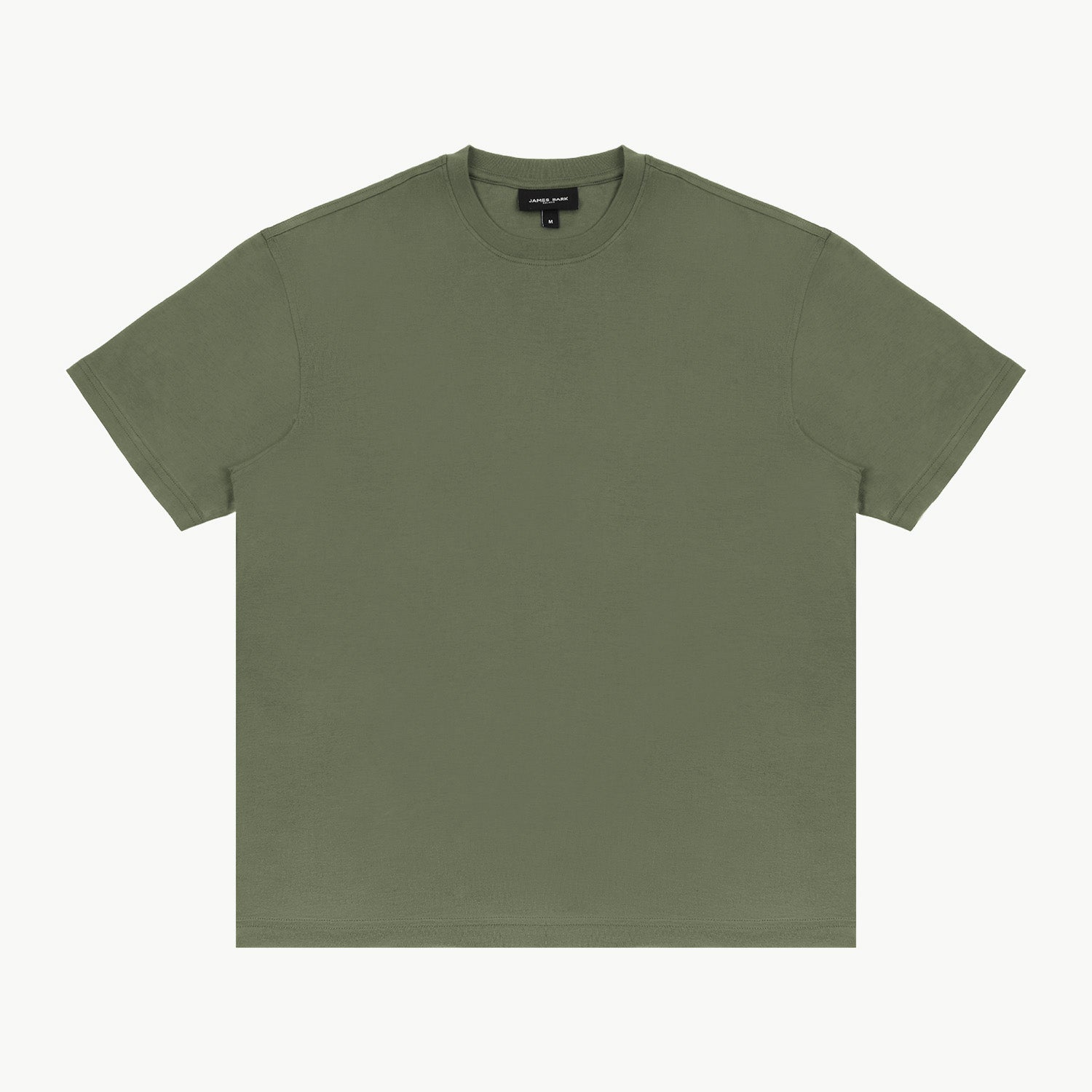  The olive green t-shirt laid flat, showing the front view.