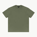  The olive green t-shirt laid flat, showing the front view.