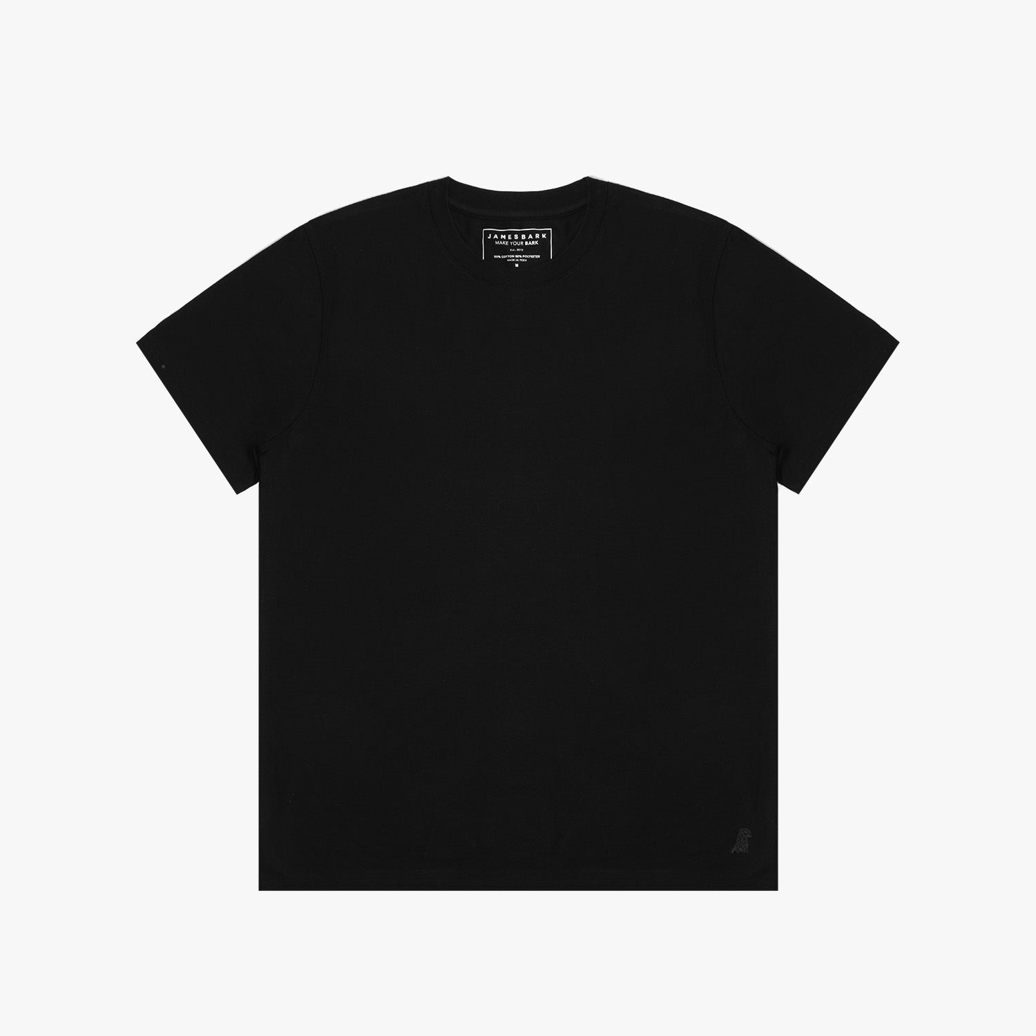 A single black t-shirt displayed, showing the front side and clean lines of the t-shirt on a neutral background.