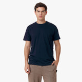 In the first image, the front view of a navy blue T-shirt is showcased, featuring a round neck, short sleeves, and a relaxed fit, offering a simple yet stylish look.