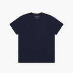 A flat lay of a single navy blue T-shirt with no visible design on the front.