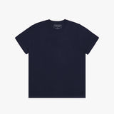 A flat lay of a single navy blue T-shirt with no visible design on the front.