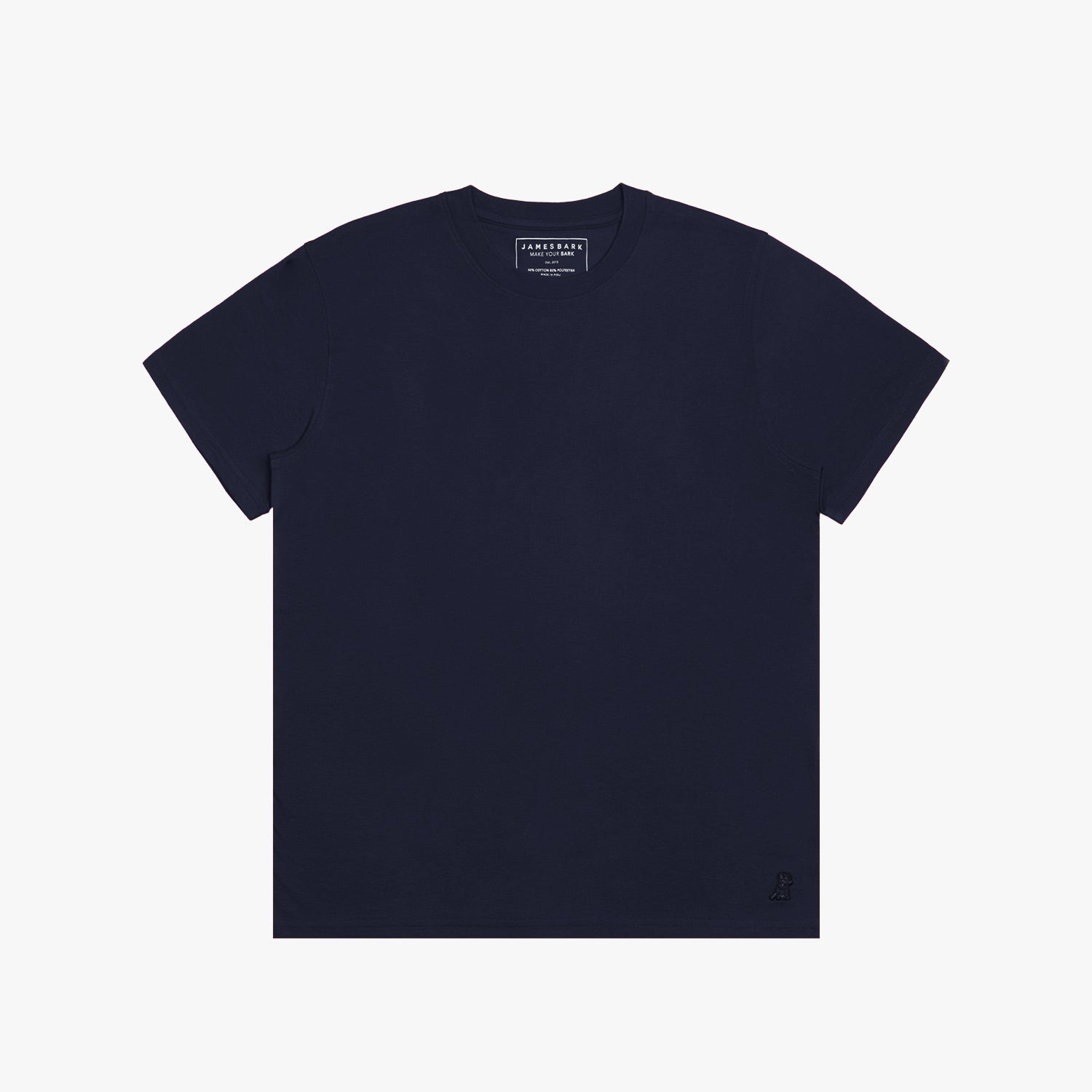 A flat lay of a single navy blue T-shirt with no visible design on the front.