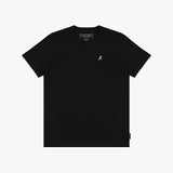 Flat-lay of the black t-shirt: The shirt is laid flat, showcasing the front design with the small white embroidered logo on the chest.