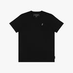 A black short-sleeve T-shirt with a small white embroidered logo on the left chest, displayed flat