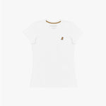 Flat lay photograph of a white crew neck t-shirt with a gold embroidered logo on the left chest and visible brand label inside the collar