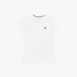 Flat lay photograph of a white crew neck t-shirt with a gold embroidered logo on the left chest and visible brand label inside the collar