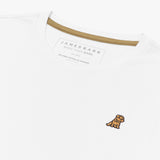 Angled close-up of the neckline of a white crew neck James Bark t-shirt, highlighting the brand label, contrast neck tape, and gold embroidered dog logo