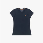 Flat lay photograph of a navy blue crew neck t-shirt with a gold embroidered logo on the left chest and visible brand label inside the collar
