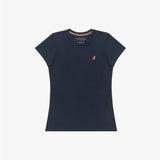 Flat lay photograph of a navy blue crew neck t-shirt with a gold embroidered logo on the left chest and visible brand label inside the collar