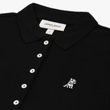 Close-up of the chest area, highlighting the collar and logo detail on the polo shirt.