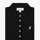 Flat-lay view of the black polo shirt, showing the front design with buttons.