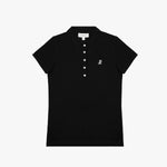 Flat-lay view of the black polo shirt with button details and logo on the chest.