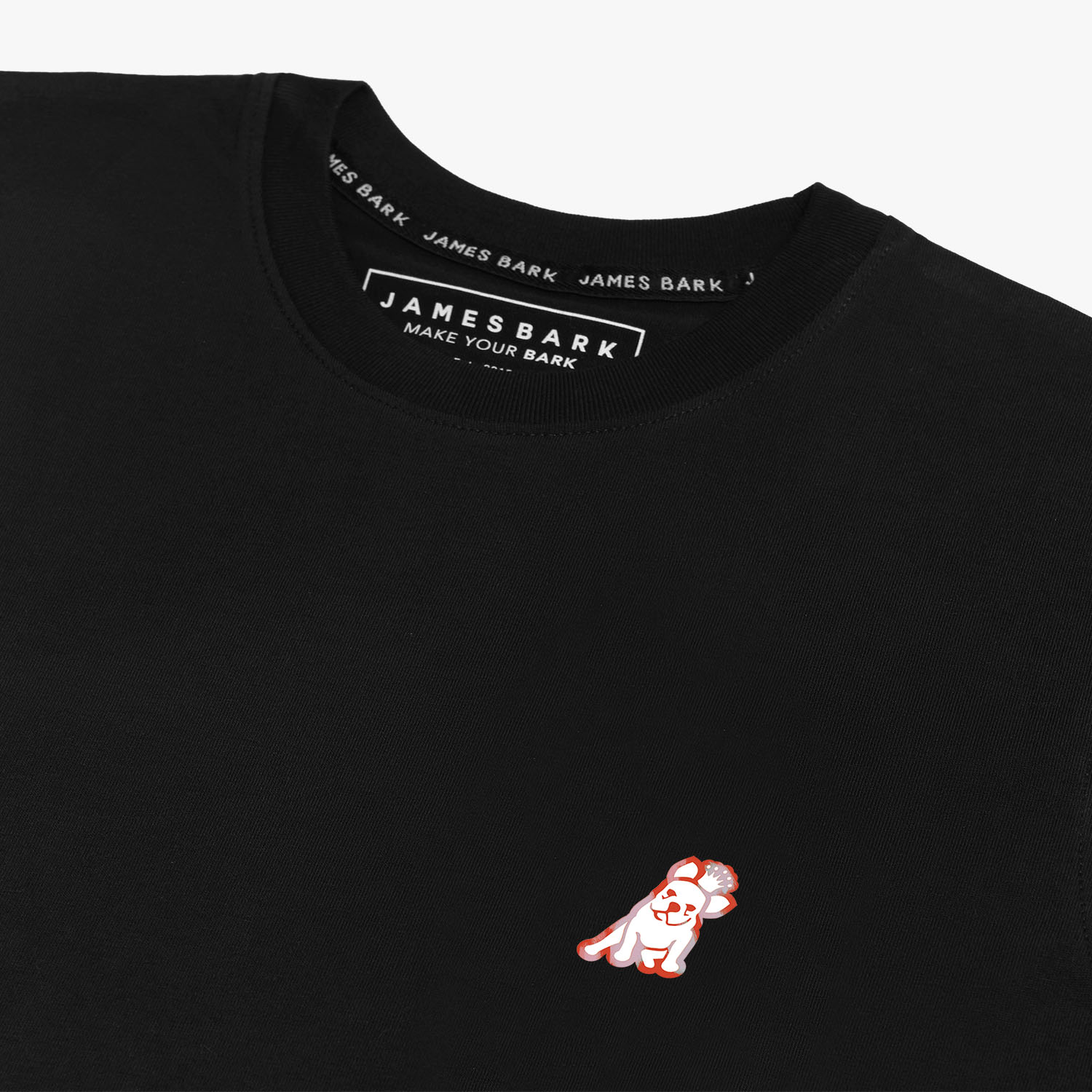 Flat-lay front view of the black t-shirt displaying the small embroidered logo on the chest.