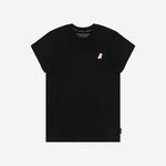 Flat-lay front view of the black t-shirt displaying the small embroidered logo on the chest.