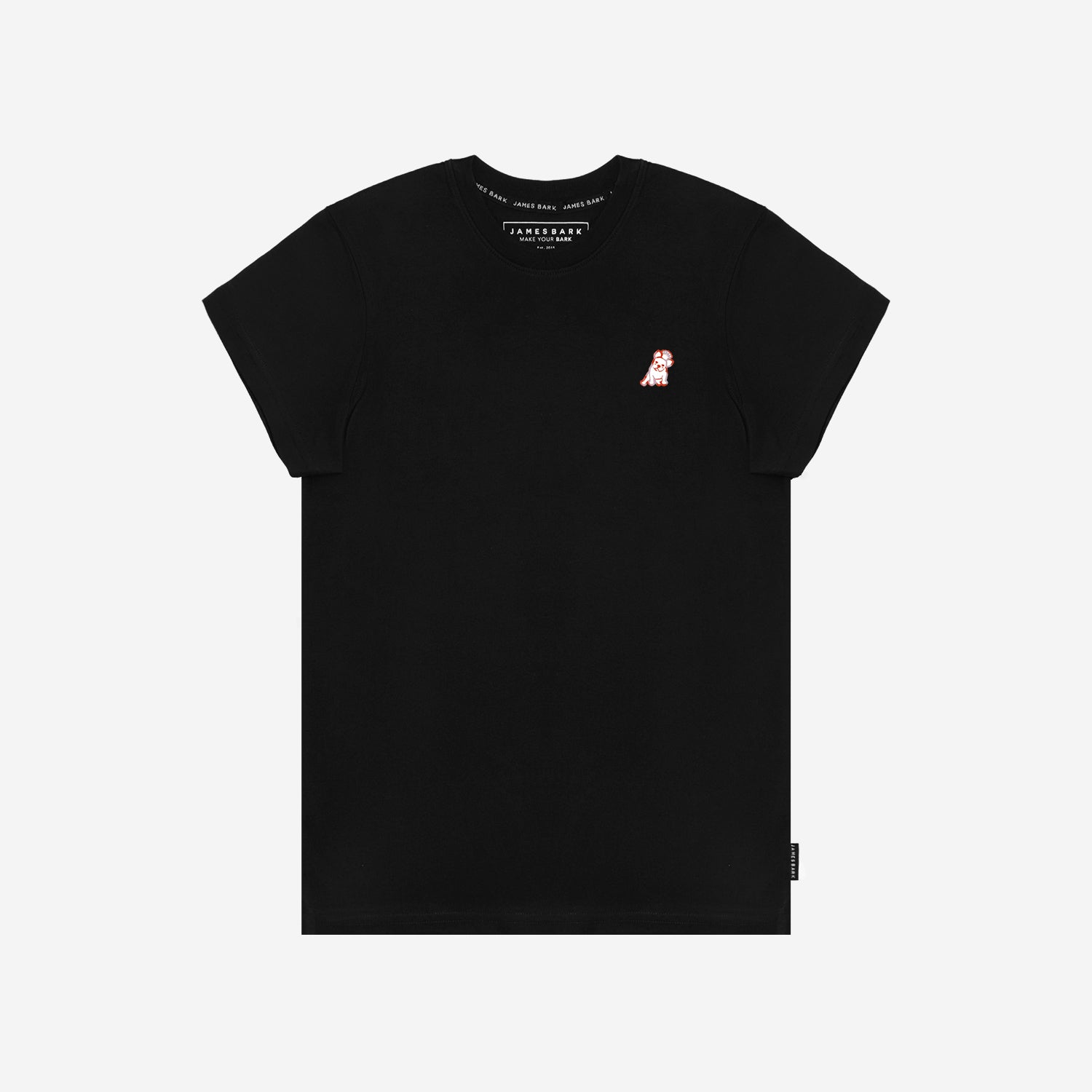 Flat-lay front view of the black t-shirt displaying the small embroidered logo on the chest.