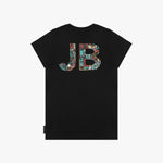 Back flat-lay view of the black t-shirt showcasing the "JB" graphic.