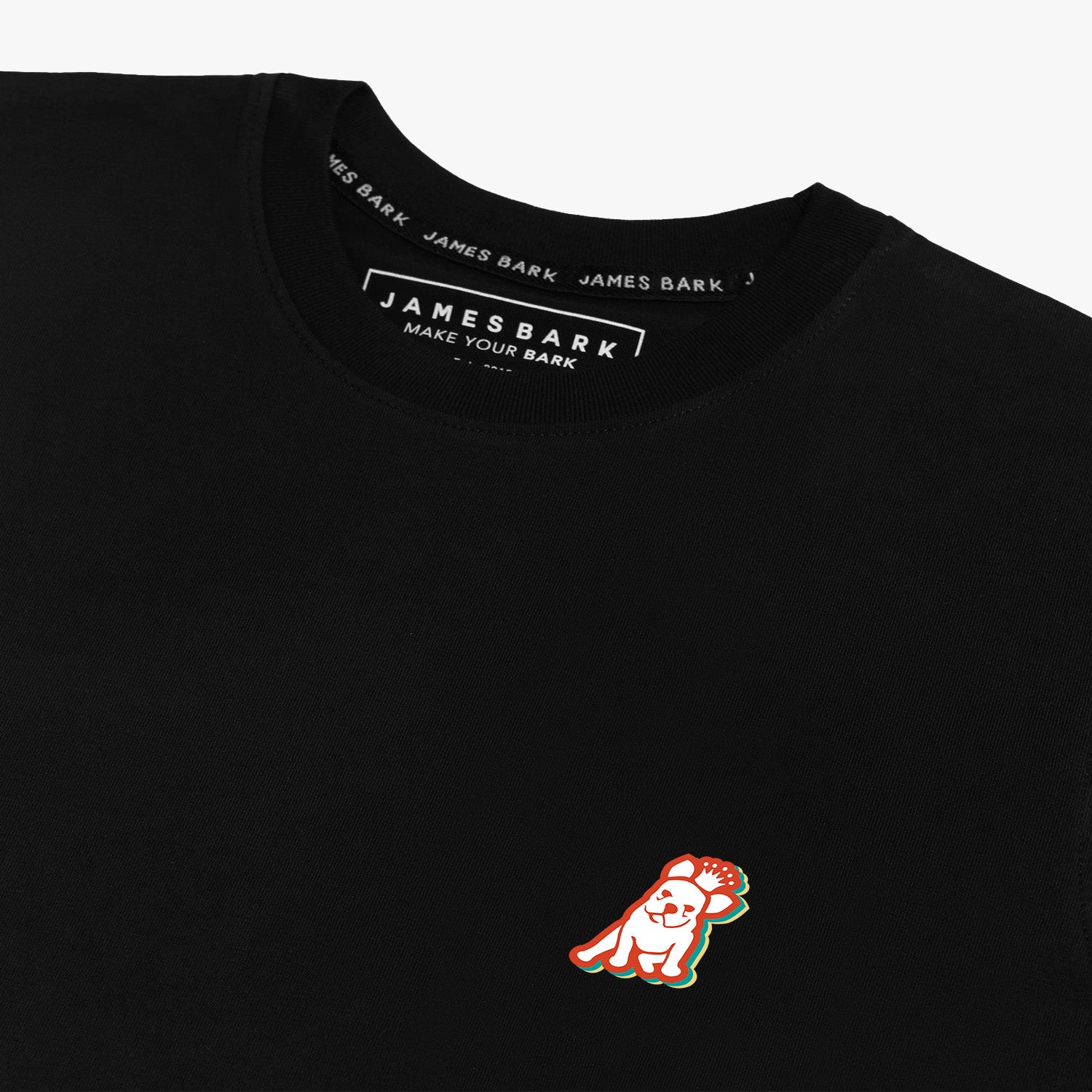 Flat-lay front view of the black t-shirt showing the small logo on the chest.